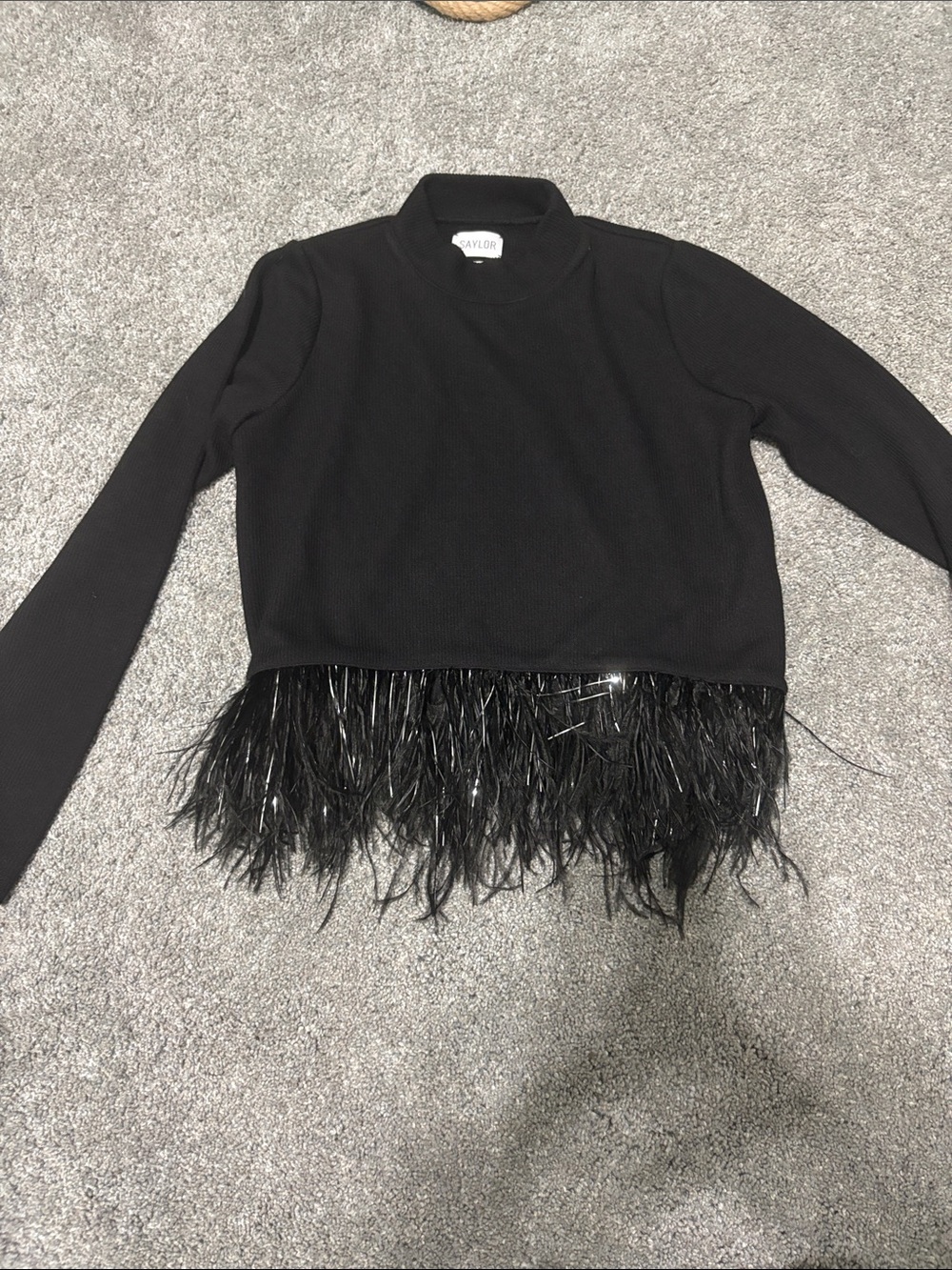 SAYLOR Black Feather-Trim Mock Neck Sweater size small